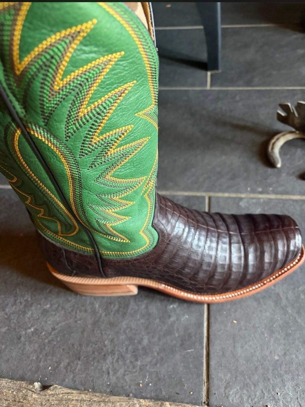 Green Stitch-Detail Western Cowboy Boot. CAIMAN!! 12 D